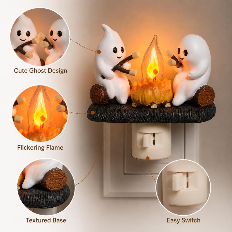 3D Flickering Campfire Plug-In Night Light, Halloween & Christmas Character LED Nightlight